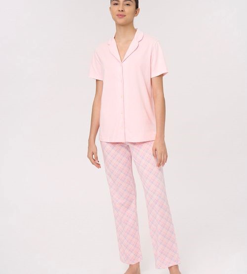 Pigiama donna aperto manica corta con pantalone lungo